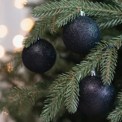 12 Black Glitter Christmas Baubles In Convenient Box