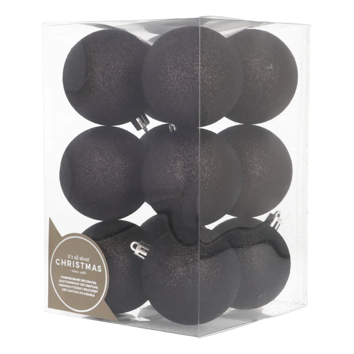 12 Black Glitter Christmas Baubles In Convenient Box