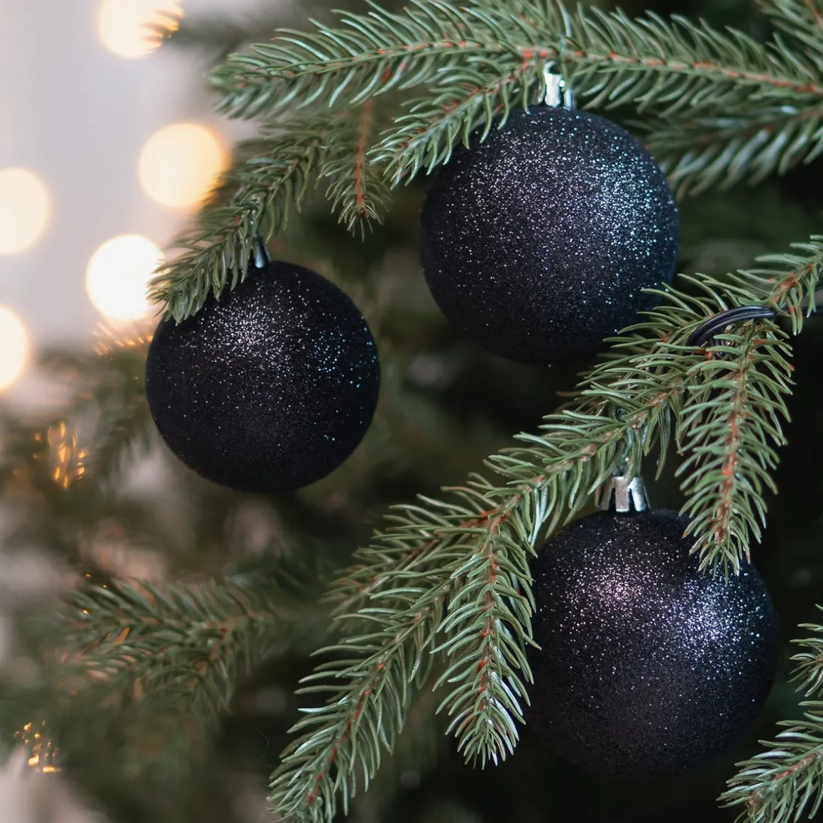 12 Black Glitter Christmas Baubles In Convenient Box