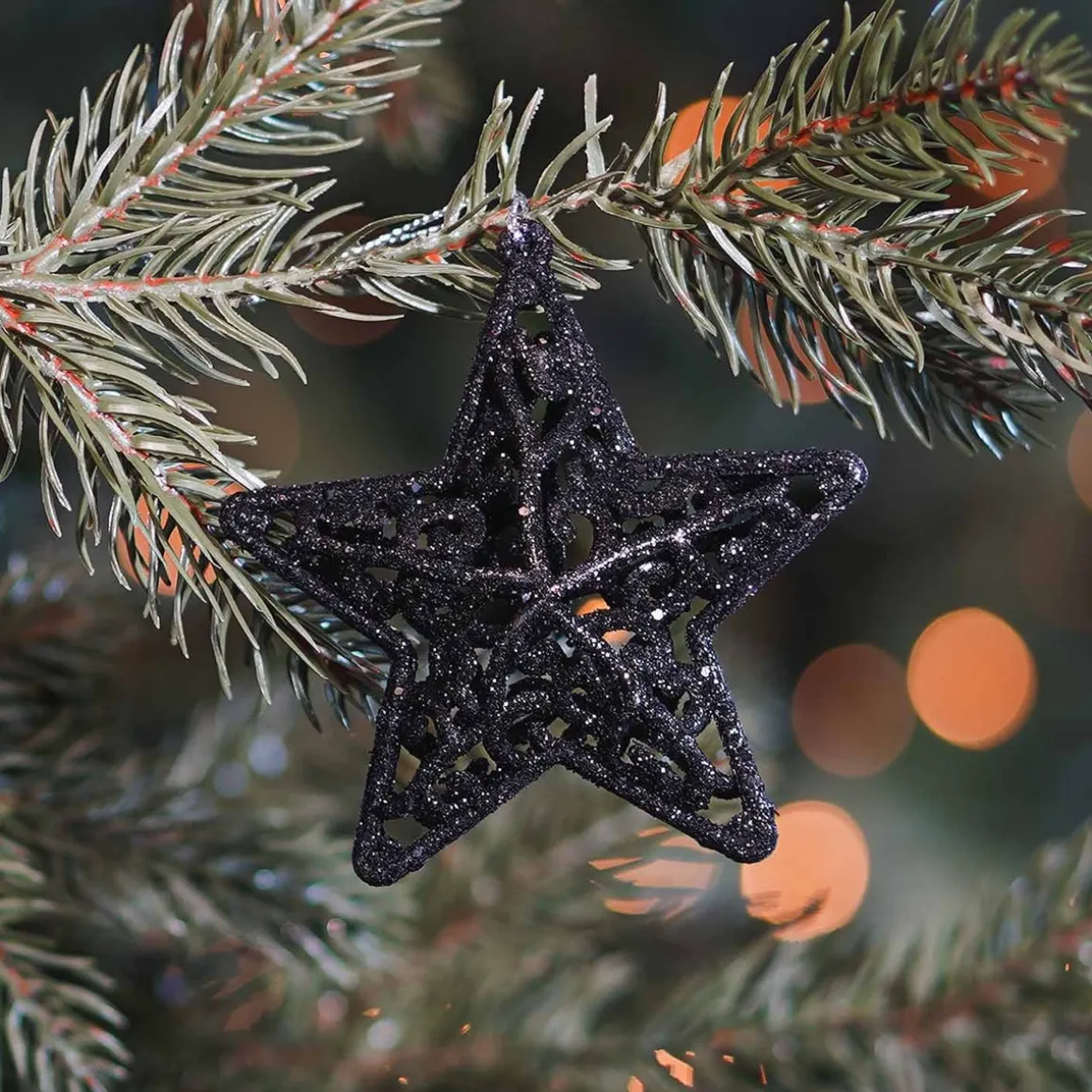 4 Glitter 3D Christmas Stars 8cm Black