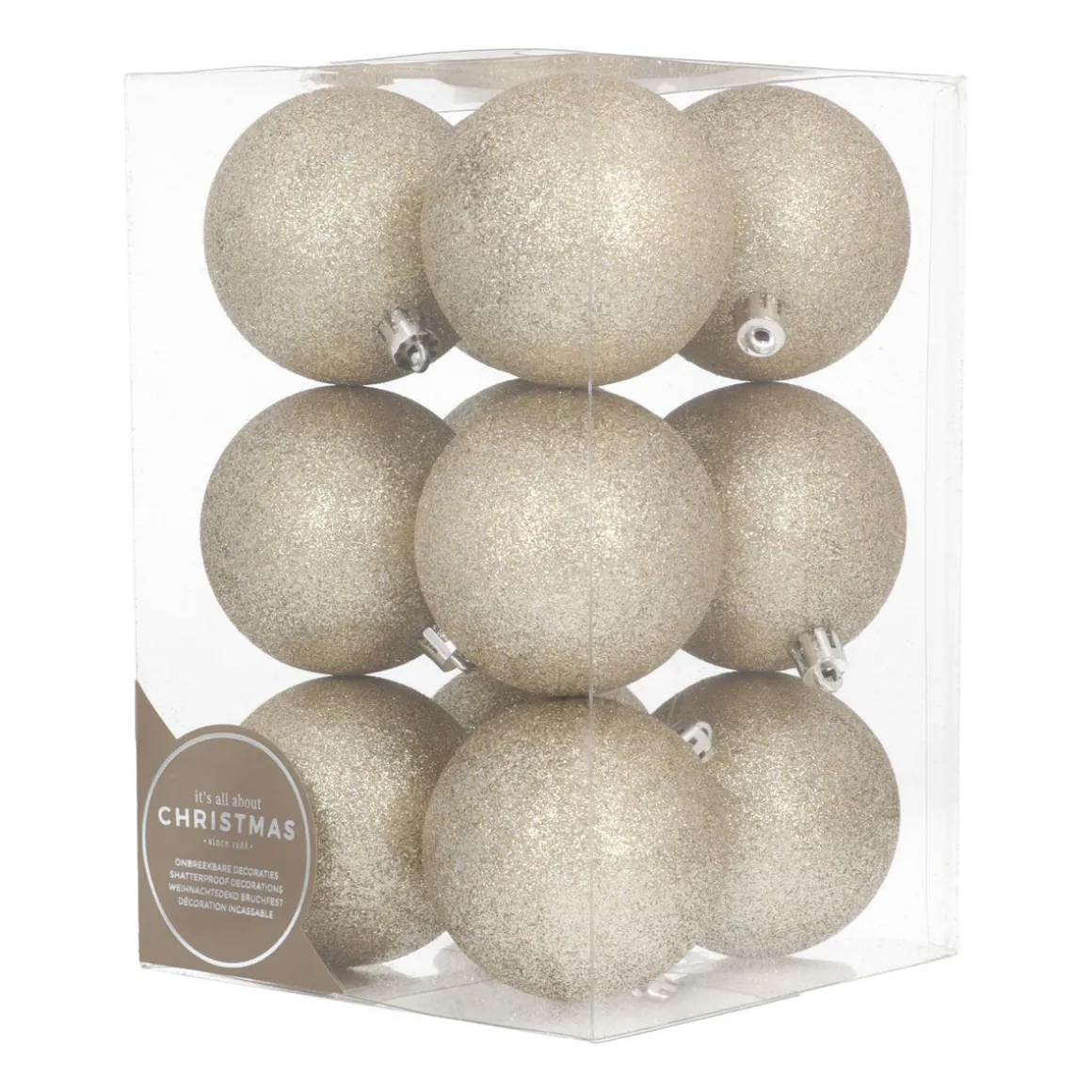 12 Light Gold Glitter Christmas Baubles In Convenient Box