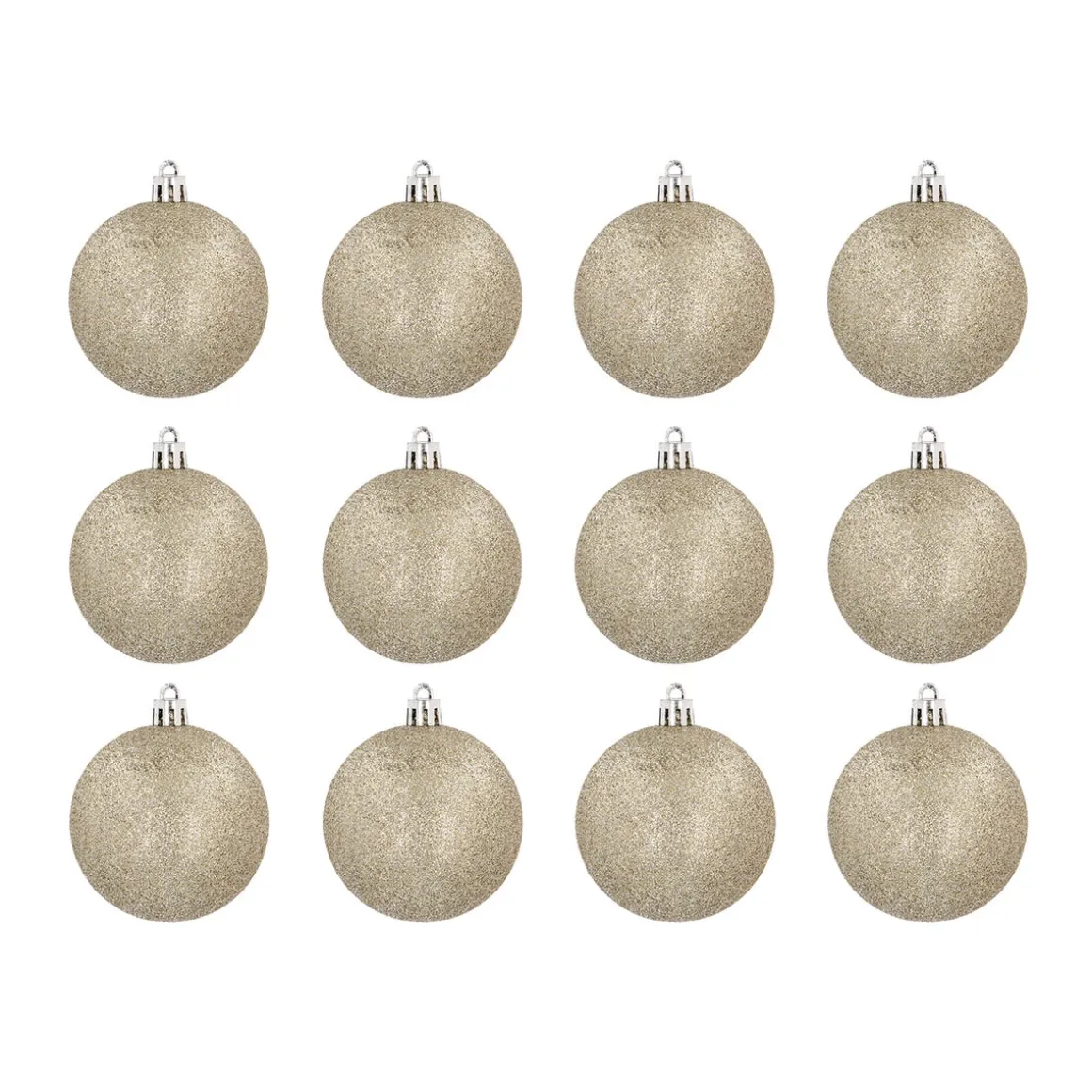 12 Light Gold Glitter Christmas Baubles In Convenient Box