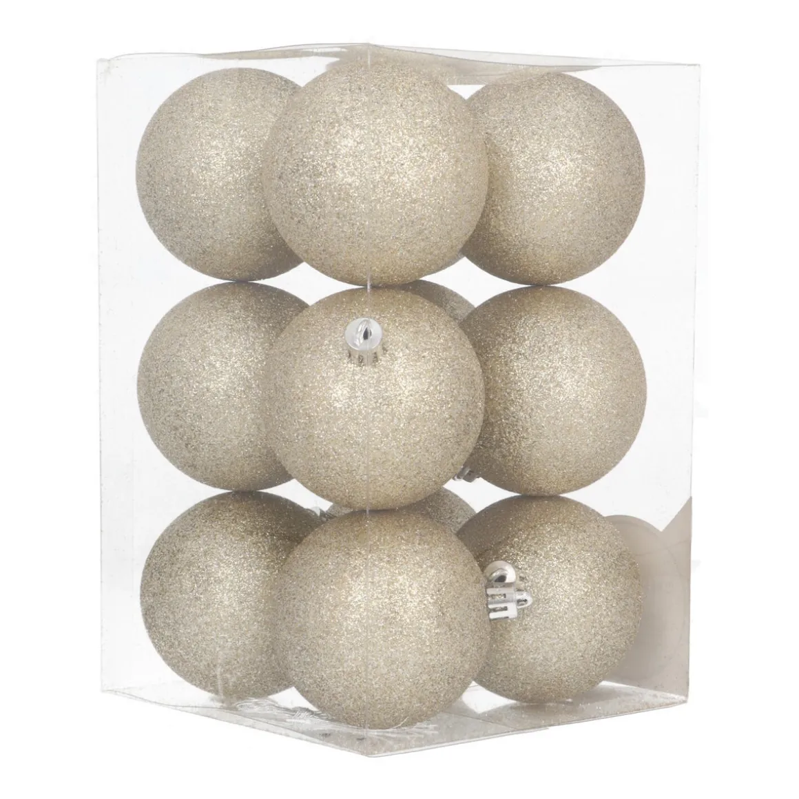 12 Light Gold Glitter Christmas Baubles In Convenient Box