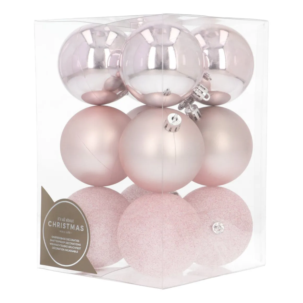 12 Pink Christmas Baubles In Convenient Box