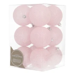 12 Pink Glitter Christmas Baubles In Convenient Box