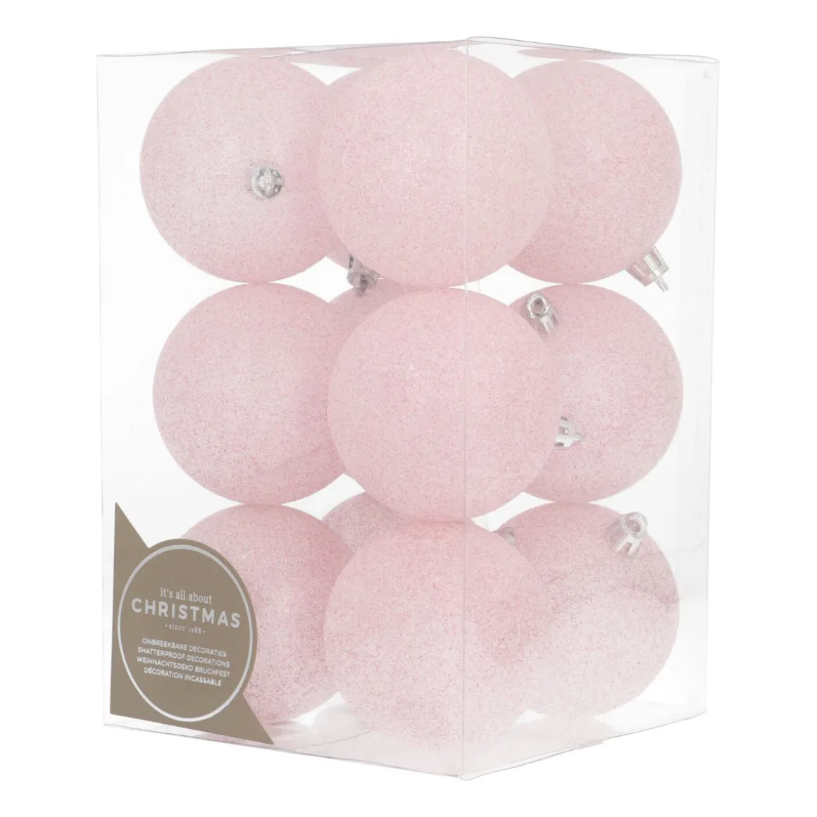 12 Pink Glitter Christmas Baubles In Convenient Box