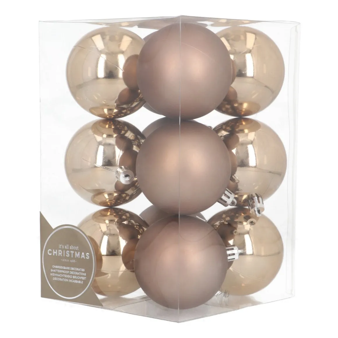 12 Shatterproof Christmas Baubles Taupe 7 Cm