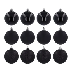 12 Shatterproof Christmas Baubles Black 7 Cm