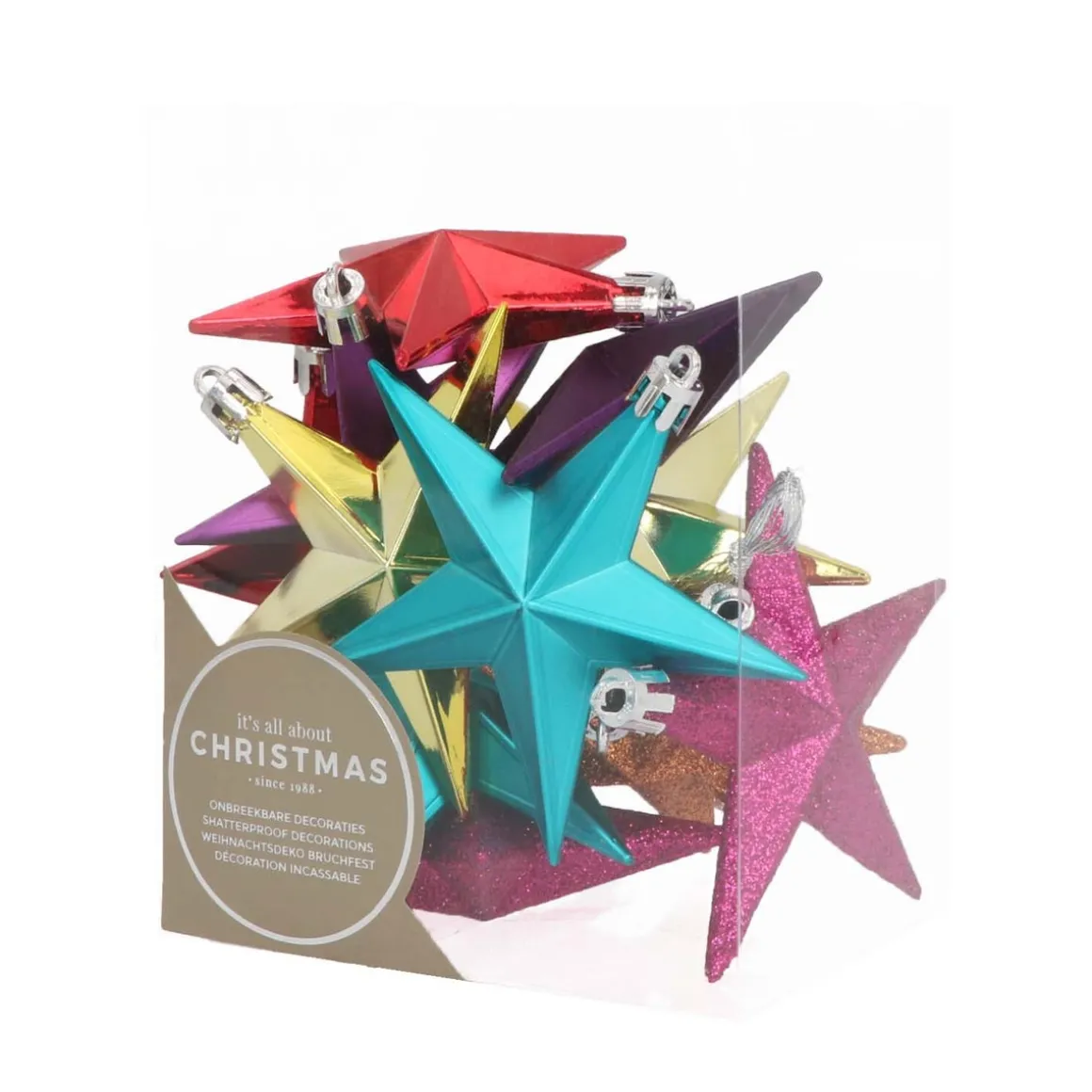 12 Shatterproof Christmas Stars Multi Colour Mix 10 Cm