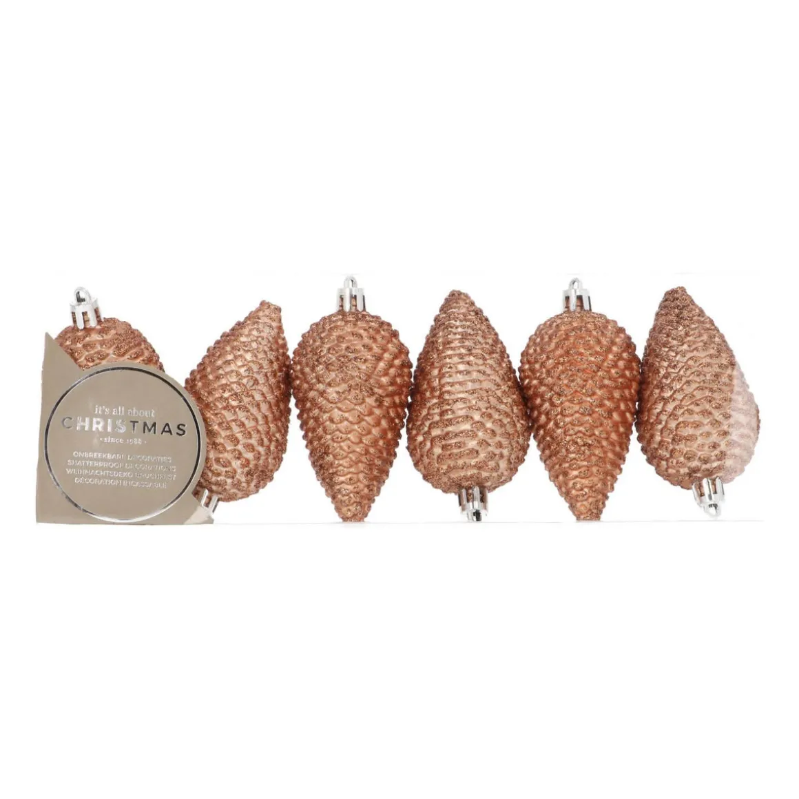 6 Shatterproof Pine Cones 9cm Copper