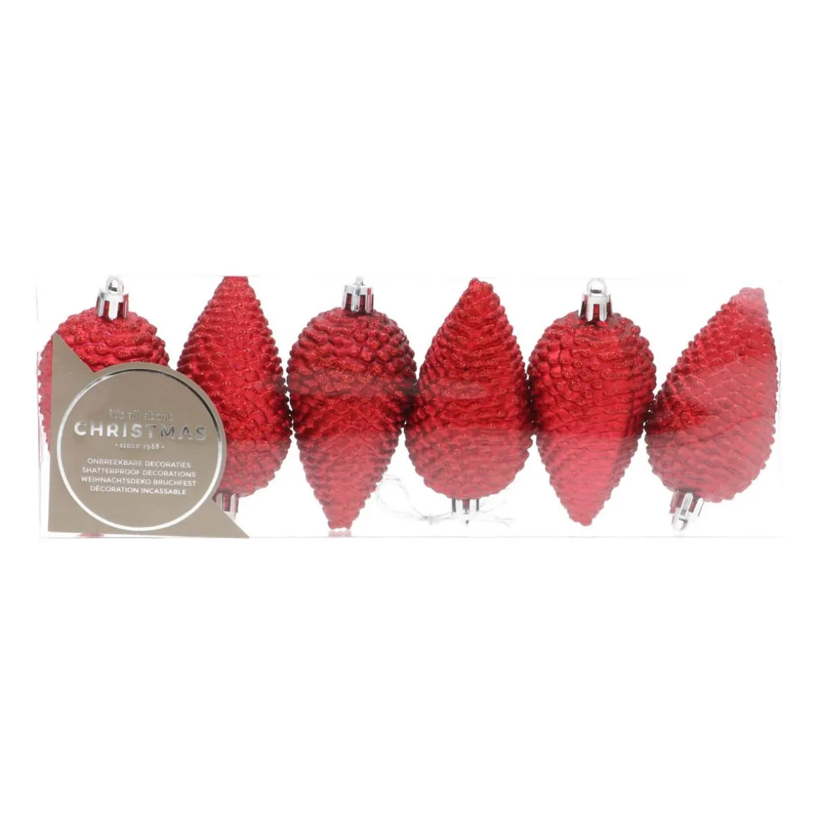 6 Shatterproof Pine Cones 9cm Red