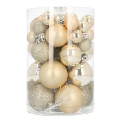 36 Small Shatterproof Christmas Baubles Light Gold In Box