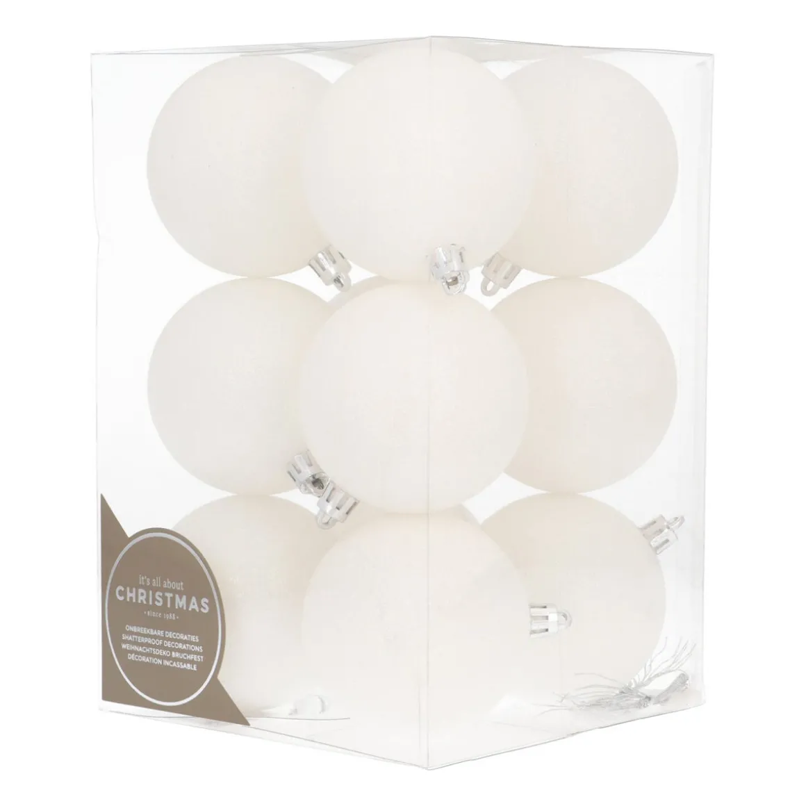 12 White Glitter Christmas Baubles In A Convenient Box
