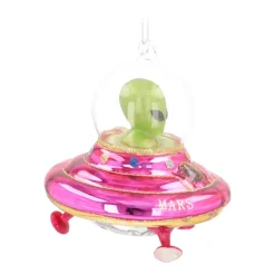 Alien In UFO Christmas Ornament | Glass | Pink-yellow-green | 12cm