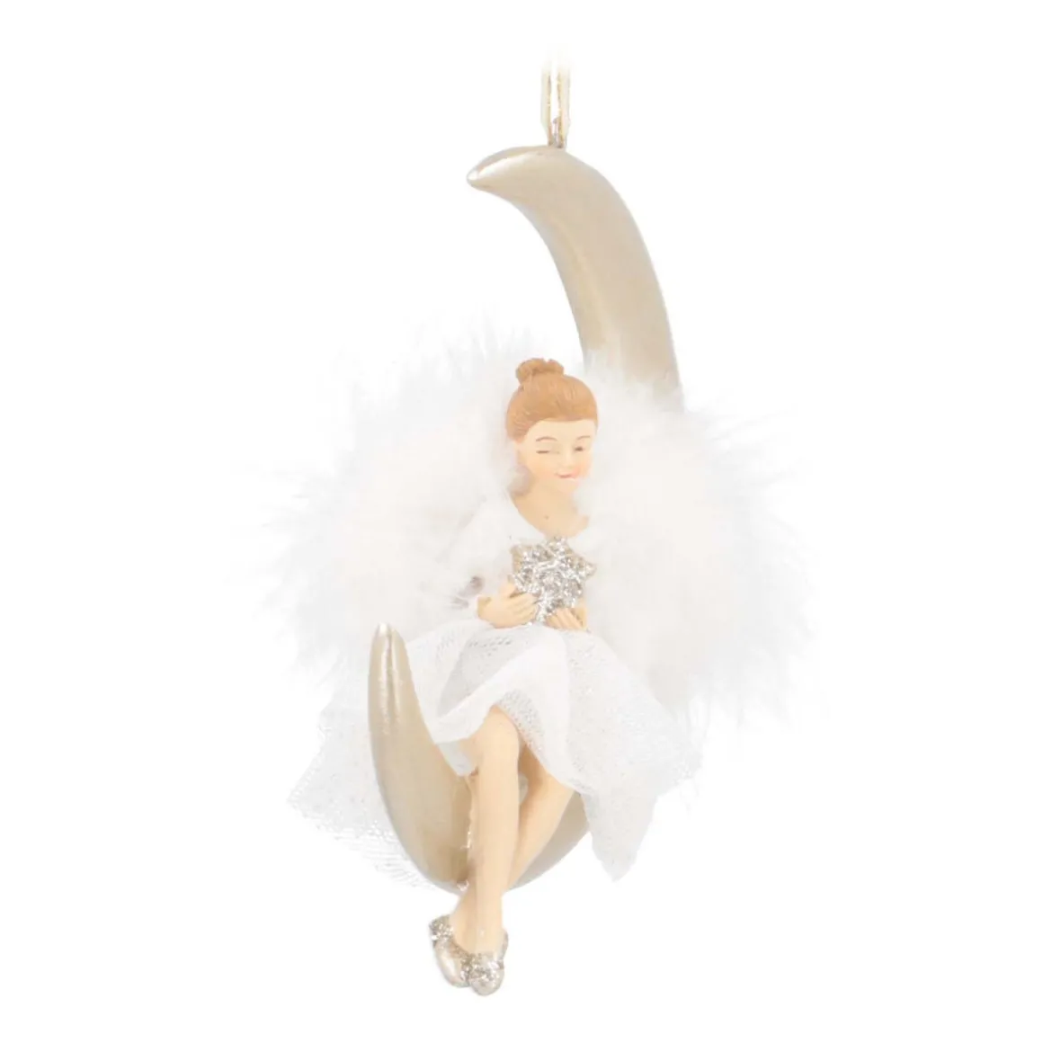 Christmas Ornament Moon With Angel | Polyresin | 13cm