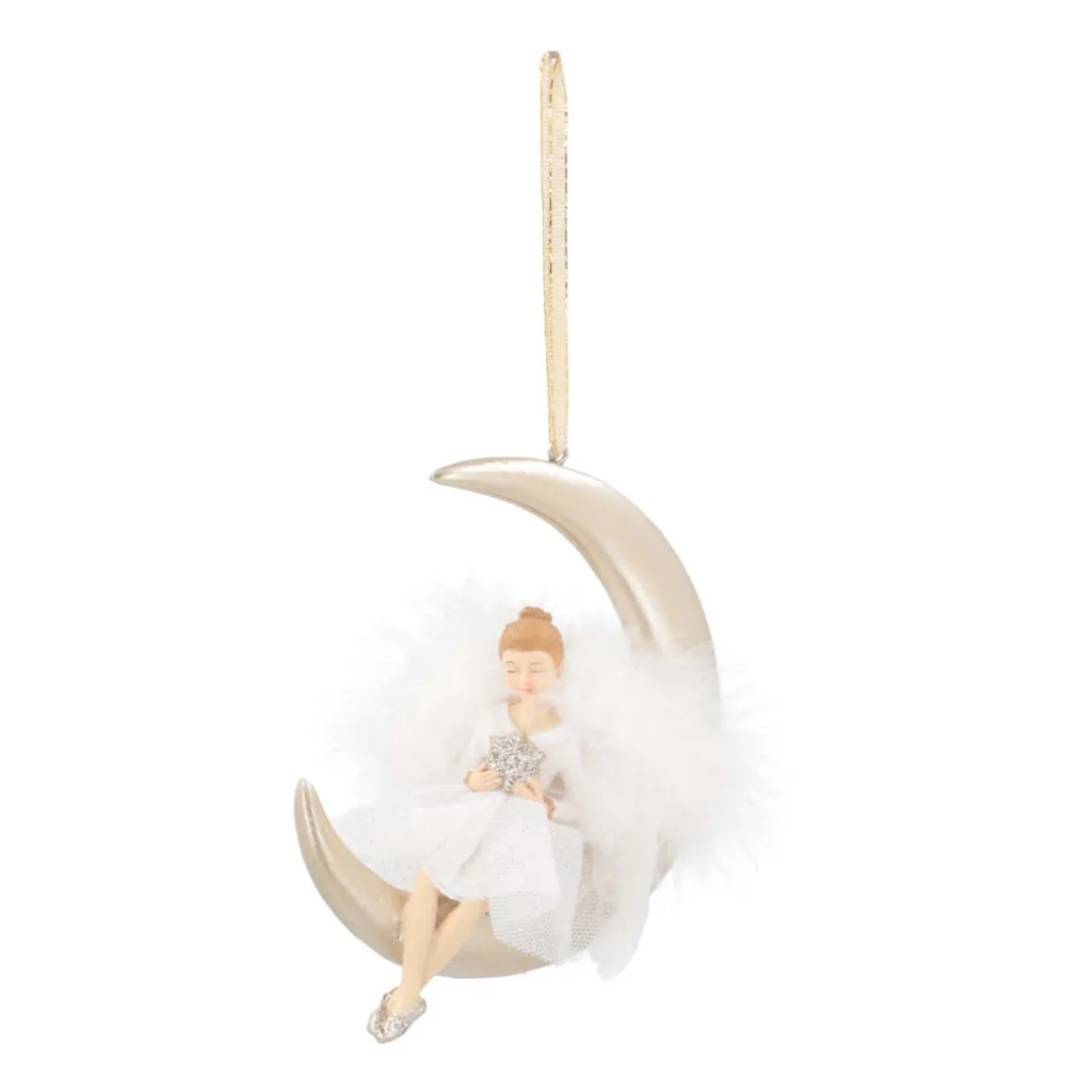 Christmas Ornament Moon With Angel | Polyresin | 13cm