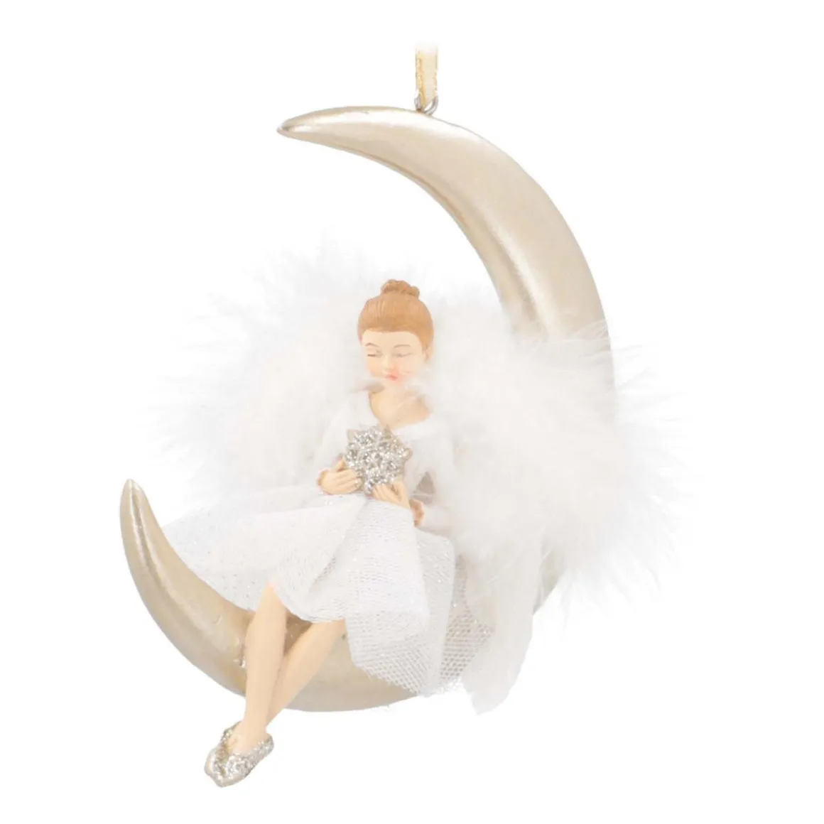 Christmas Ornament Moon With Angel | Polyresin | 13cm