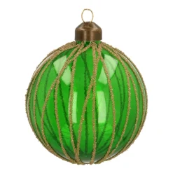 Clear Glass Bauble With Stripes | Dark Green | 8 Cm