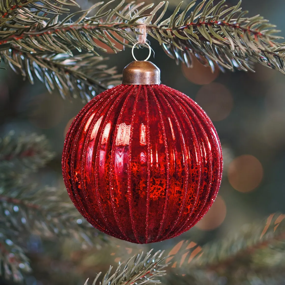 Deep Red Crackle Christmas Bauble With Glitter Lines