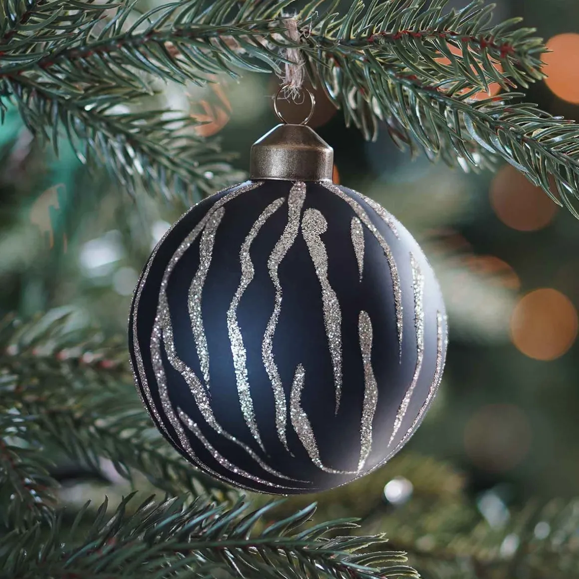 Elegant Glass Christmas Bauble Tiger Print 8cm Black