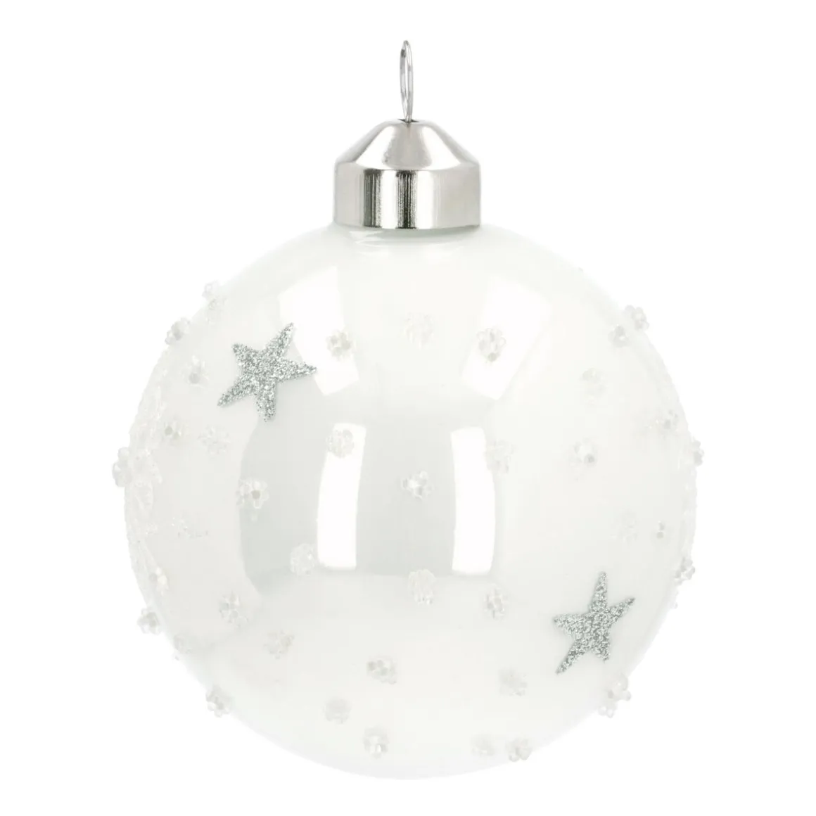 Elegant Glass Christmas Bauble Stars & Snow 8cm White