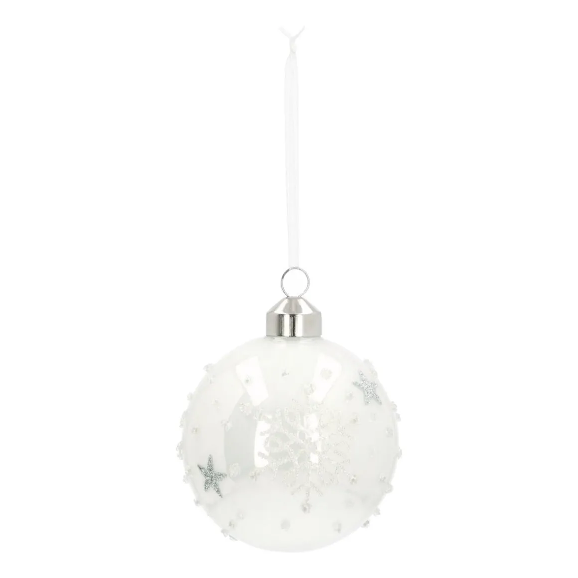 Elegant Glass Christmas Bauble Stars & Snow 8cm White