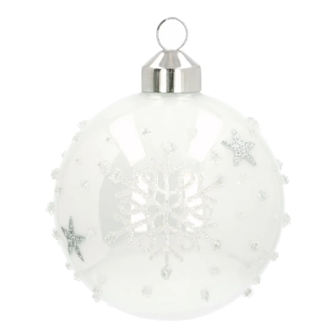 Elegant Glass Christmas Bauble Stars & Snow 8cm White