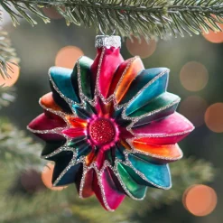 Flower With Glitter Christmas Ornament | Glass | Multi | 9cm