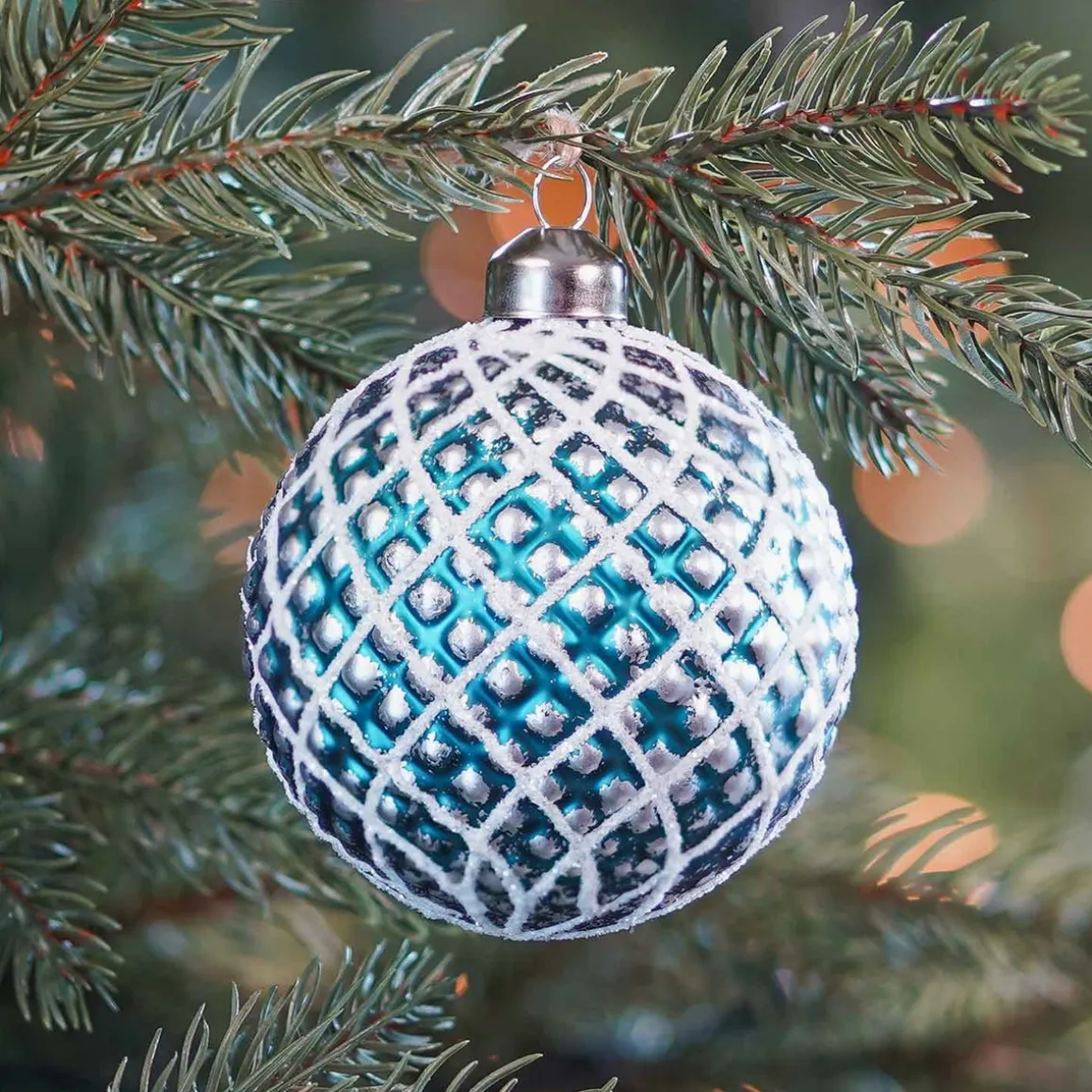 Glass Bauble Cone | Petrol White | 8 Cm