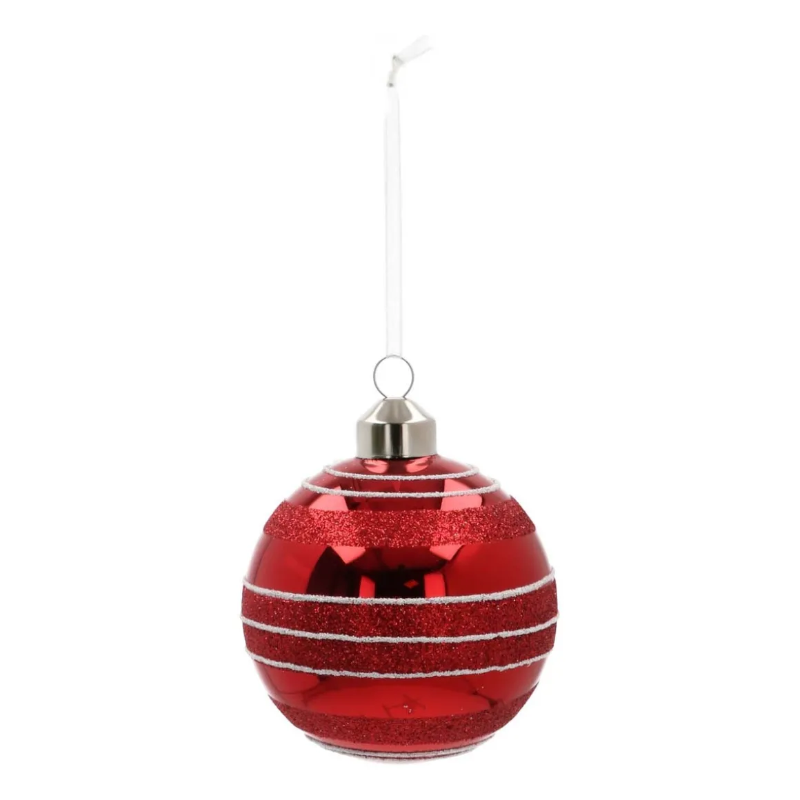 Glass Bauble Glitter Stripes | Red | 8 Cm