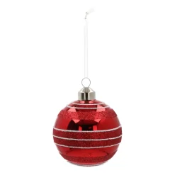 Glass Bauble Glitter Stripes | Red | 8 Cm