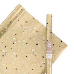Gold Wrapping Paper Roll With Metallic Illustrations
