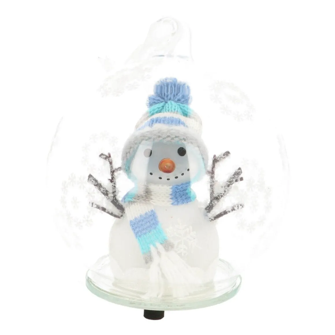 LED Snowman In Glass Bauble - 10cm - Light Blue