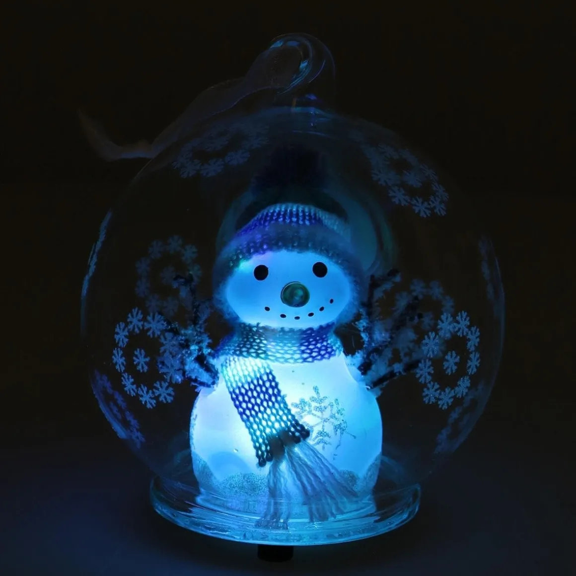 LED Snowman In Glass Bauble - 10cm - Light Blue