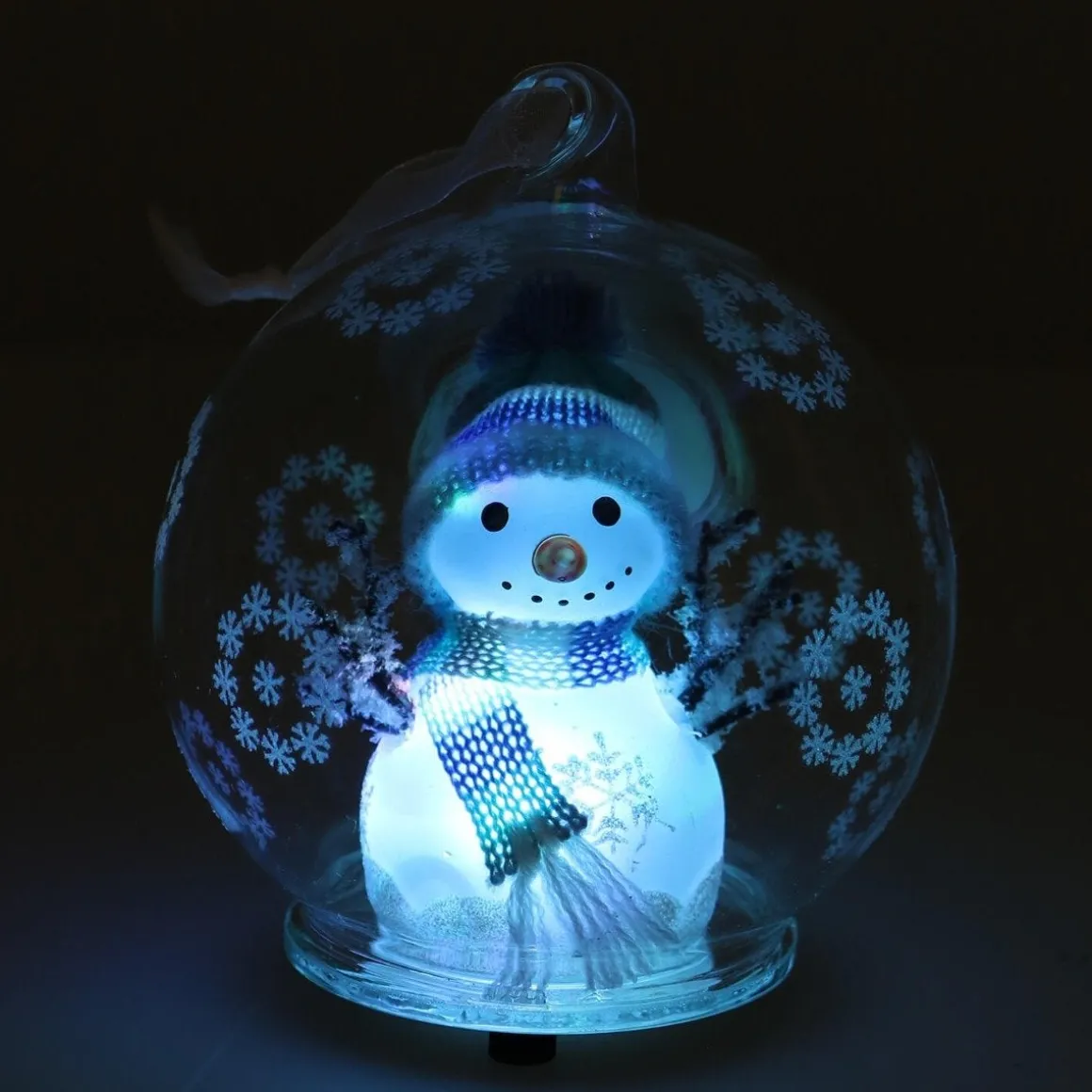 LED Snowman In Glass Bauble - 10cm - Light Blue