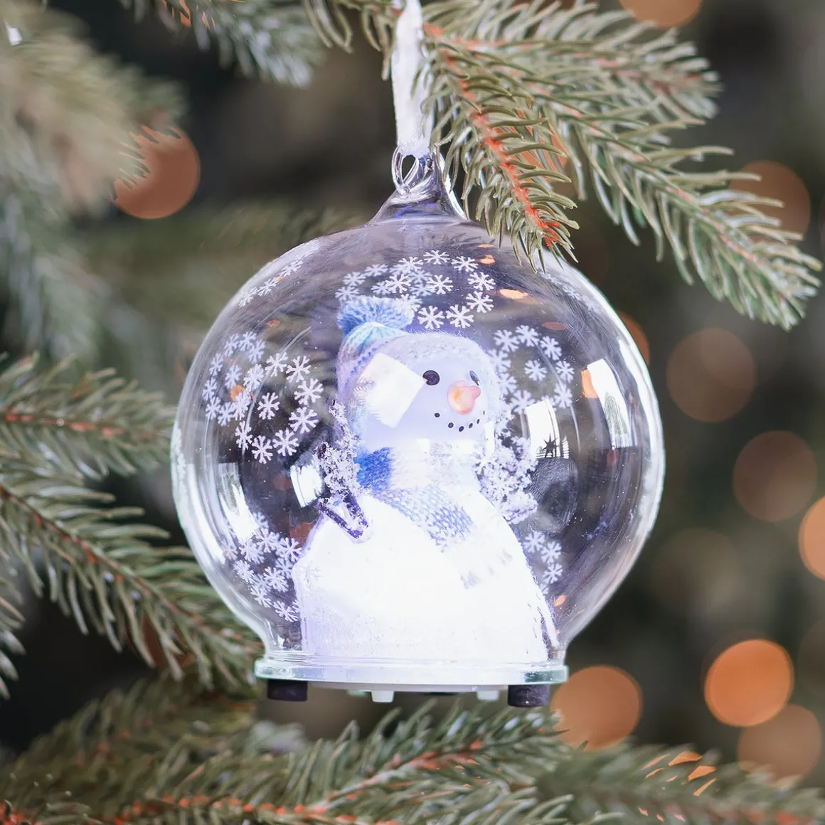 LED Snowman In Glass Bauble - 10cm - Light Blue