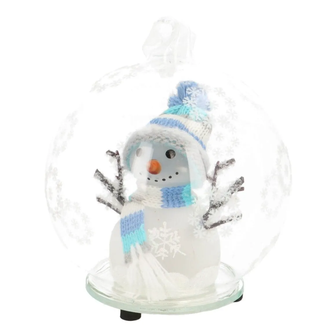 LED Snowman In Glass Bauble - 10cm - Light Blue