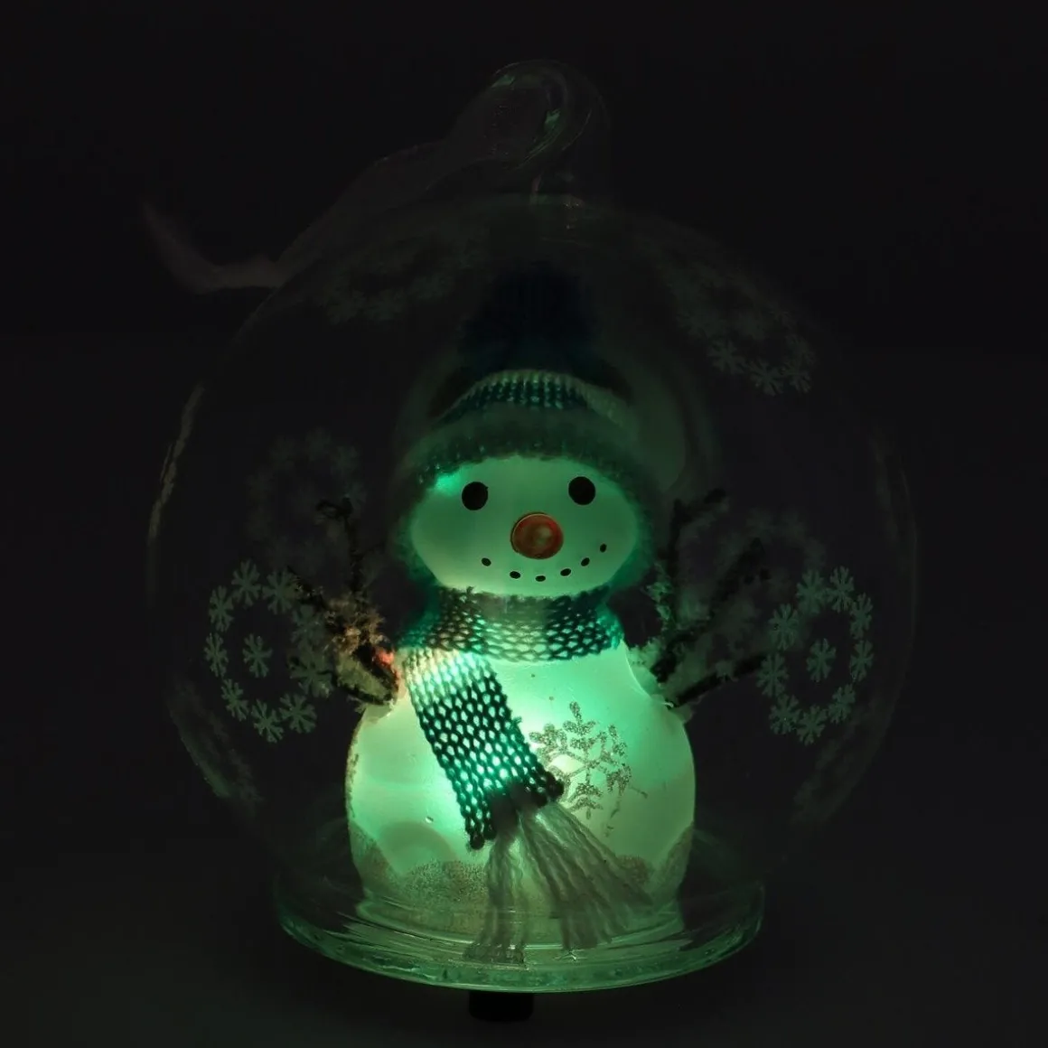 LED Snowman In Glass Bauble - 10cm - Light Blue