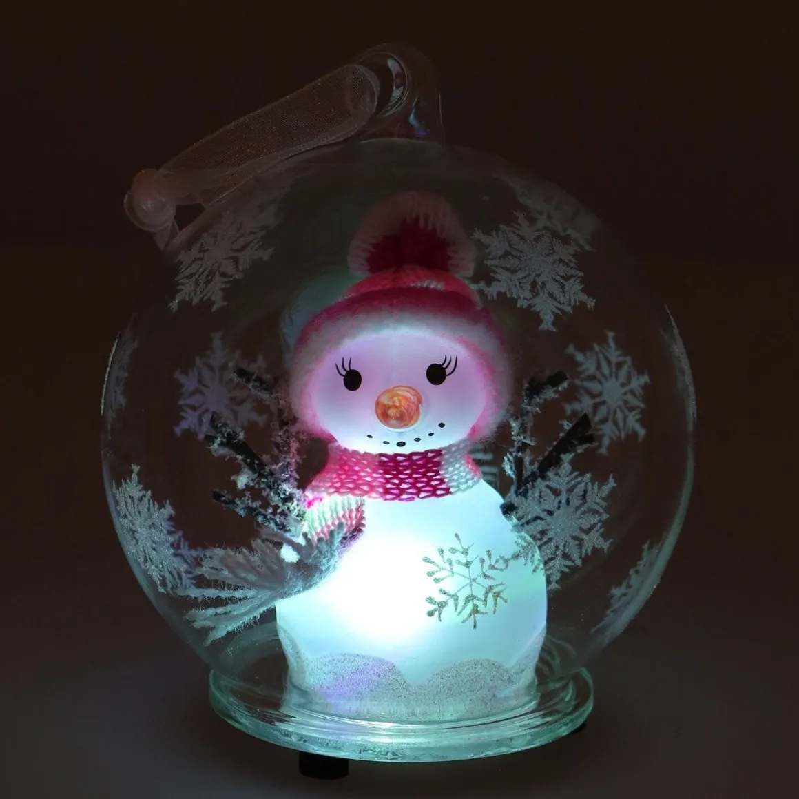 LED Snowman In Glass Bauble - 10cm - Pink