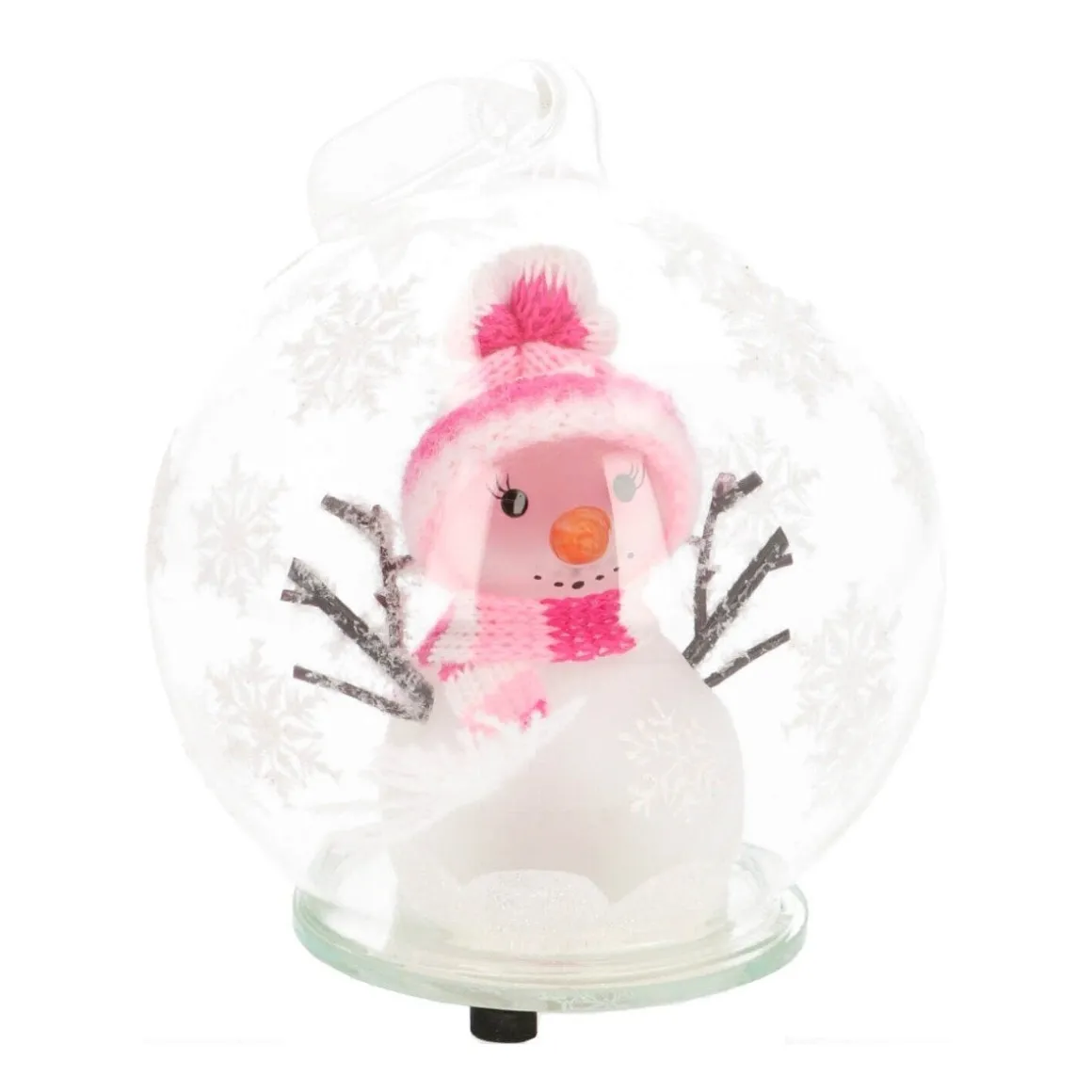 LED Snowman In Glass Bauble - 10cm - Pink