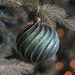 Luxury Antique Swirl Bauble | Glass | Green-Gold | 10cm