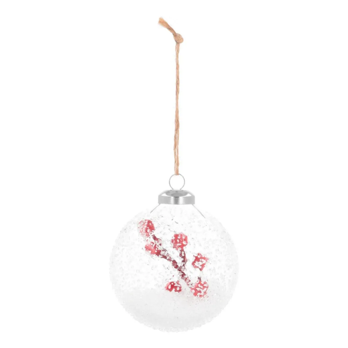 Luxury Christmas Bauble Frost Effect With Berry Branch | Transparent | Glass | 8cm