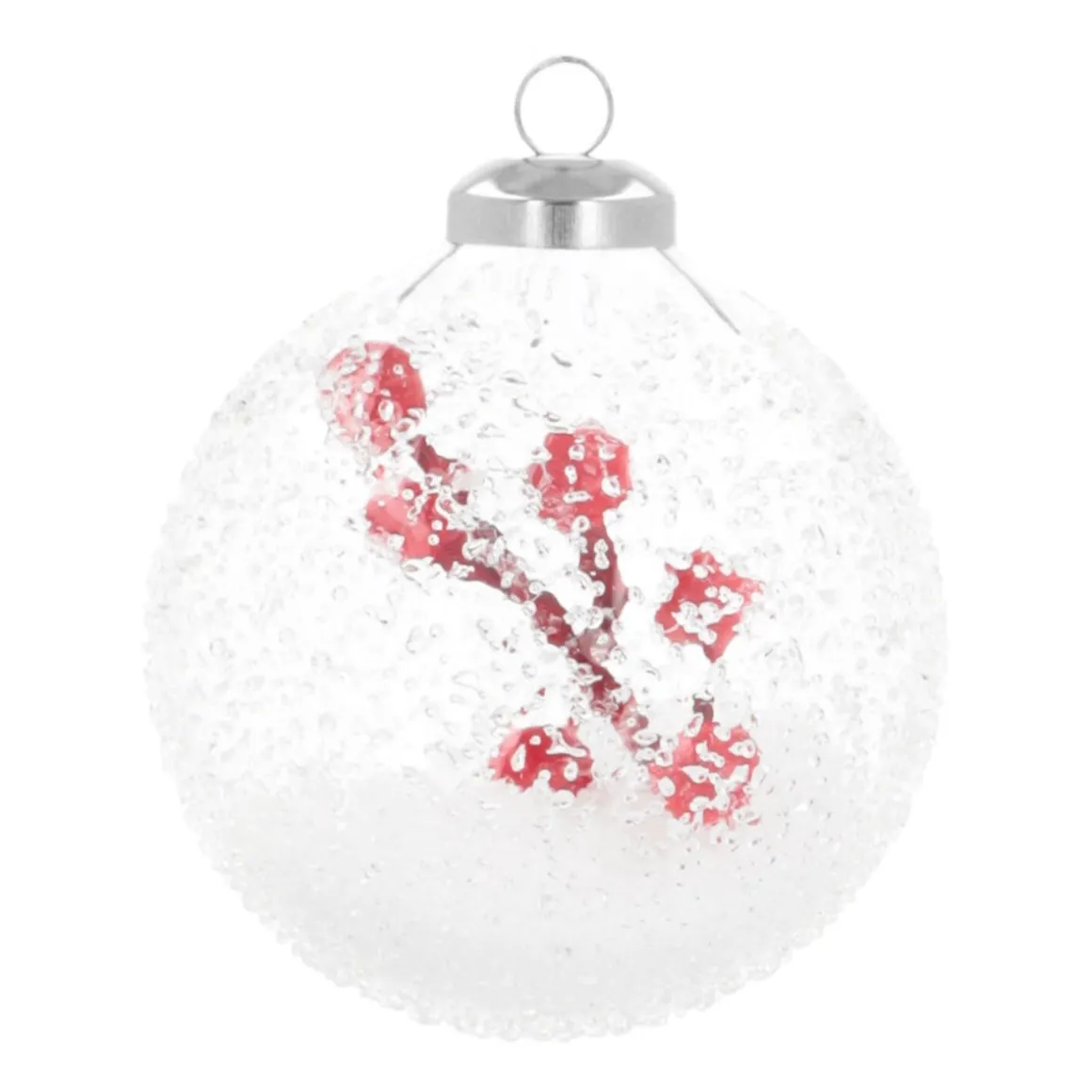Luxury Christmas Bauble Frost Effect With Berry Branch | Transparent | Glass | 8cm