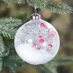 Luxury Christmas Bauble Frost Effect With Berry Branch | Transparent | Glass | 10cm