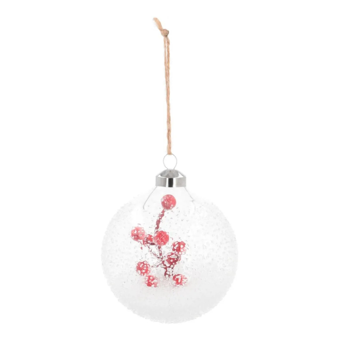 Luxury Christmas Bauble Frost Effect With Berry Branch | Transparent | Glass | 10cm