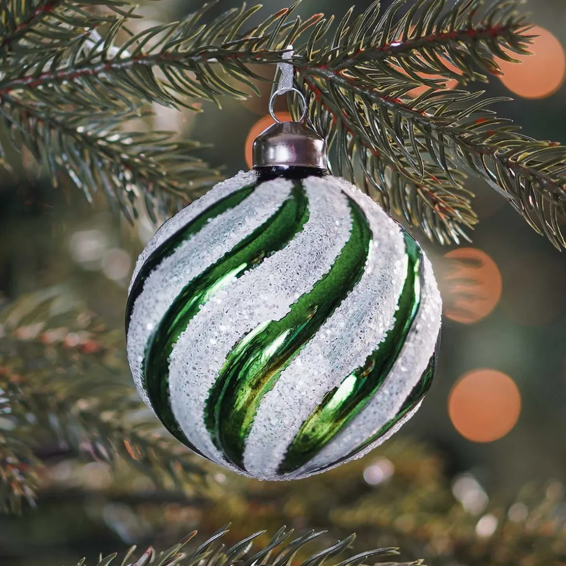 Luxury Glass Christmas Bauble Swirl 8cm Green White