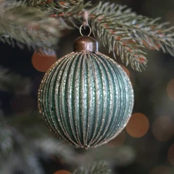 Luxury Vertical Relief Bauble With Glitter | Glass | Green-Gold | 8cm