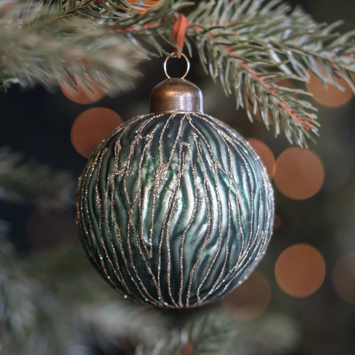 Matte Green Christmas Bauble With Organic Lines