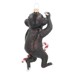 Monkey With Candy Cane Ornament | Glass | Black | 12cm