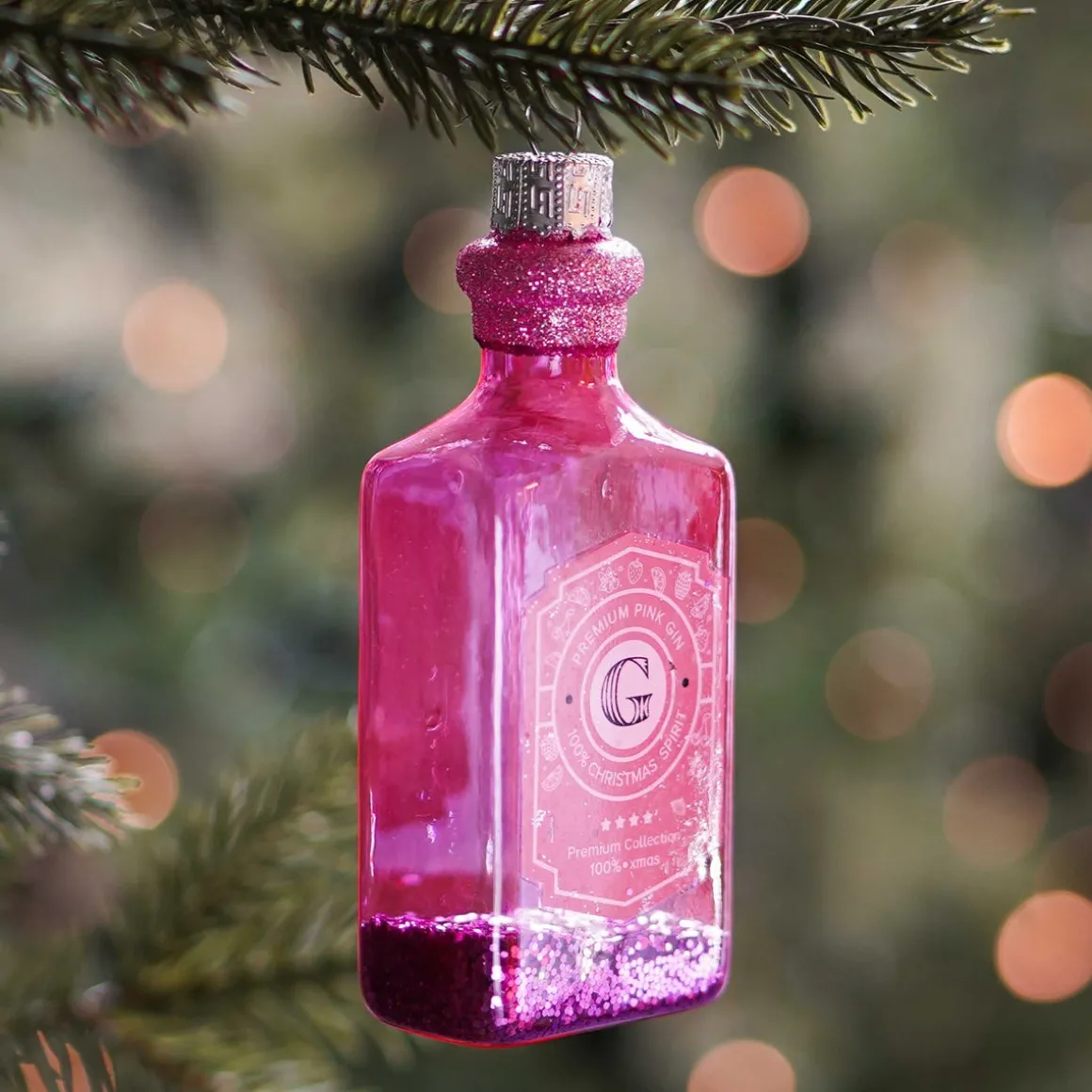 Pink Gin Bottle Christmas Ornament | Glass | Pink | 12cm